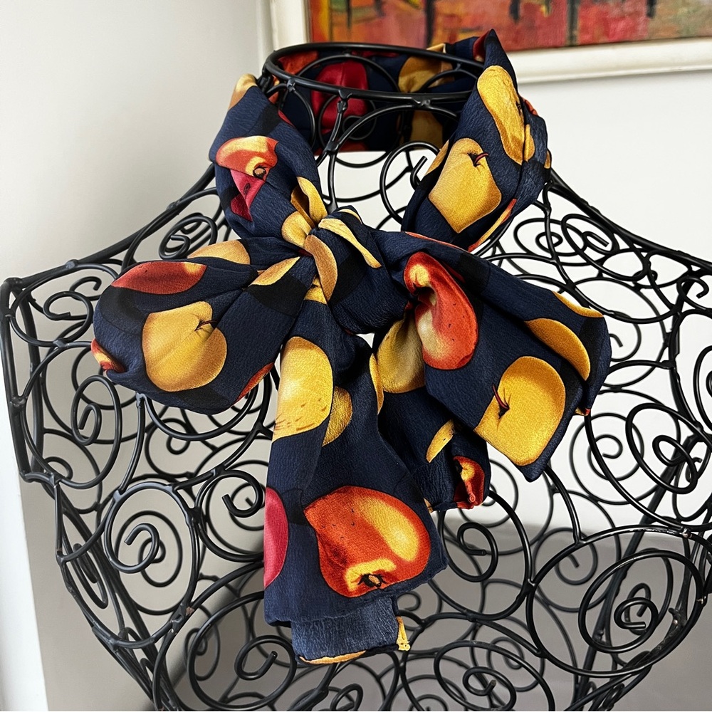 Charlotte Sparre Silk Apple Print Scarf Hand Rolled Rectangle Navy